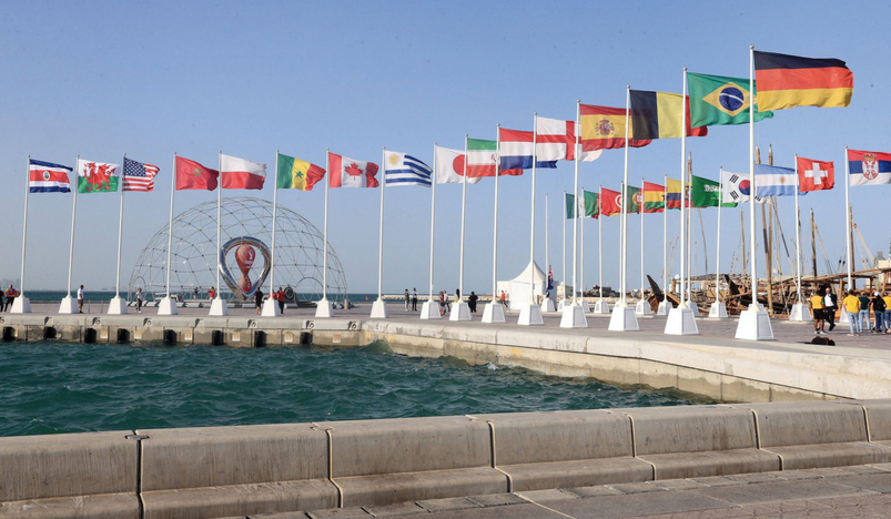 General view of the 2022 World Cup countdown clock and flags